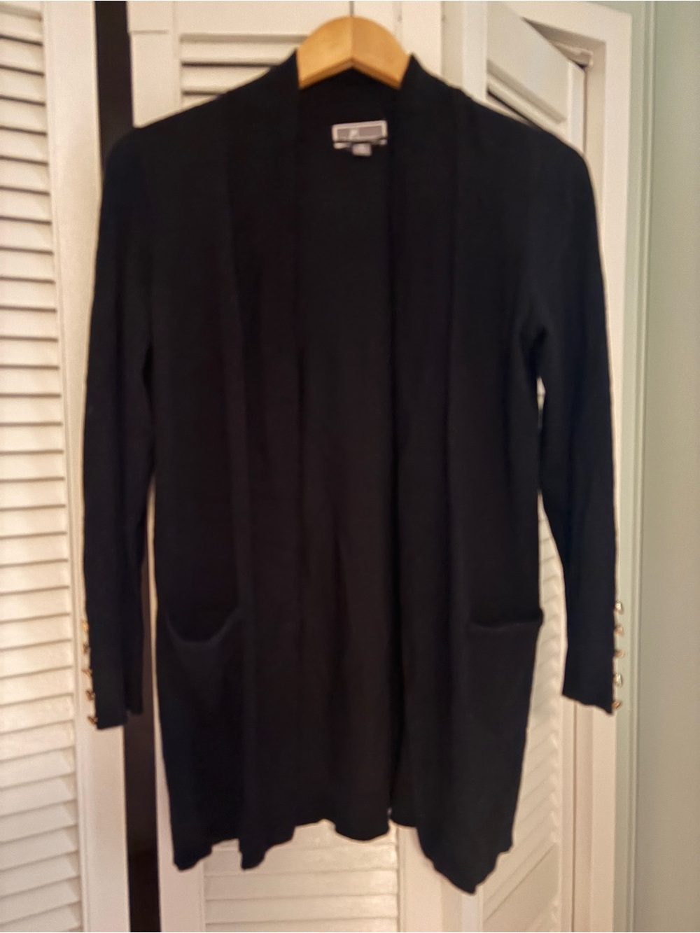 JM Collection Black Open-Front Long Cardigan with Gold Buttons